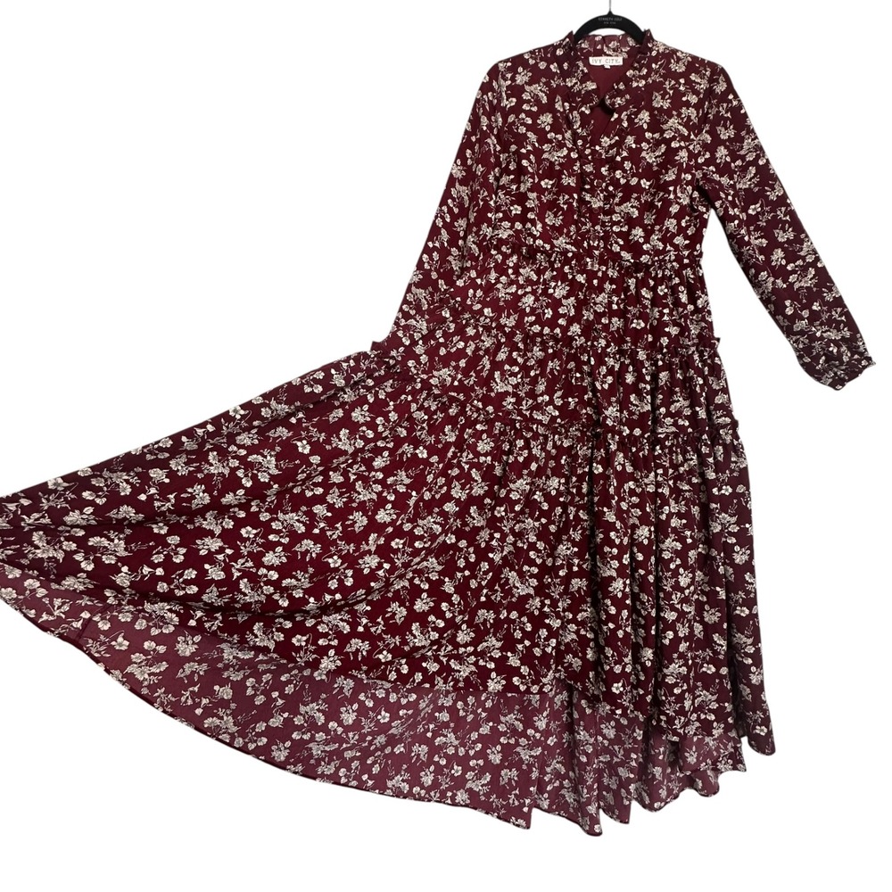Ivy City Dress Lisbeth Floral Tiered Ruffle High Low Burgundy‎ M Cottagecore - Picture 4 of 15